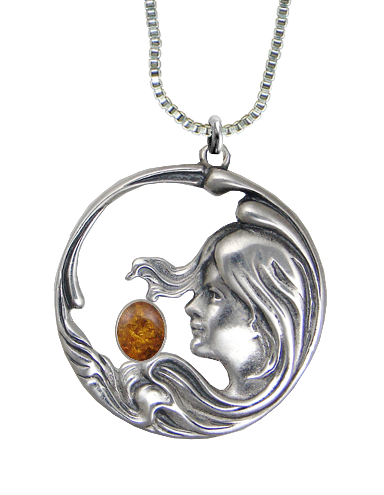 Sterling Silver Woman Maiden of the Wind Pendant With Amber